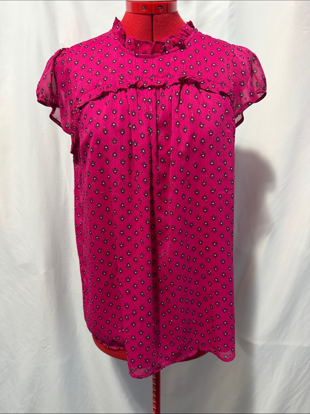 Feminine Fuchsia Ruffle-Neck Floral Dot Blouse